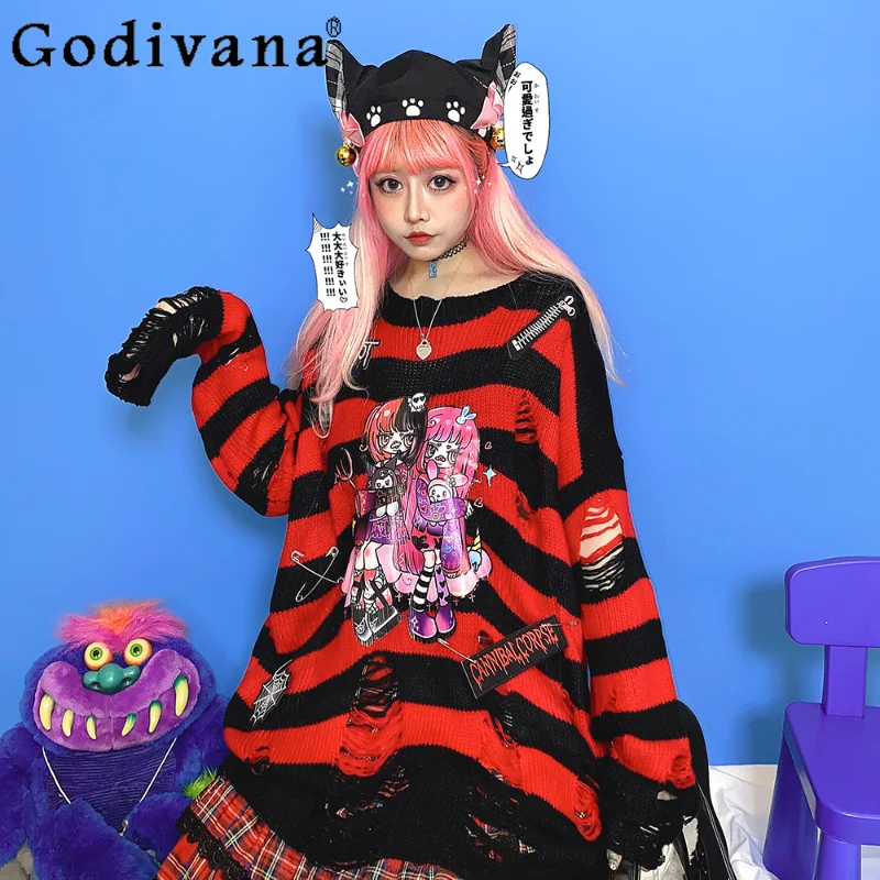 Original Design Anime Japanese Harajuku Knited Pullovers Women Fall Winter Fashion Loose Striped Sweater Female Y2k Clothing