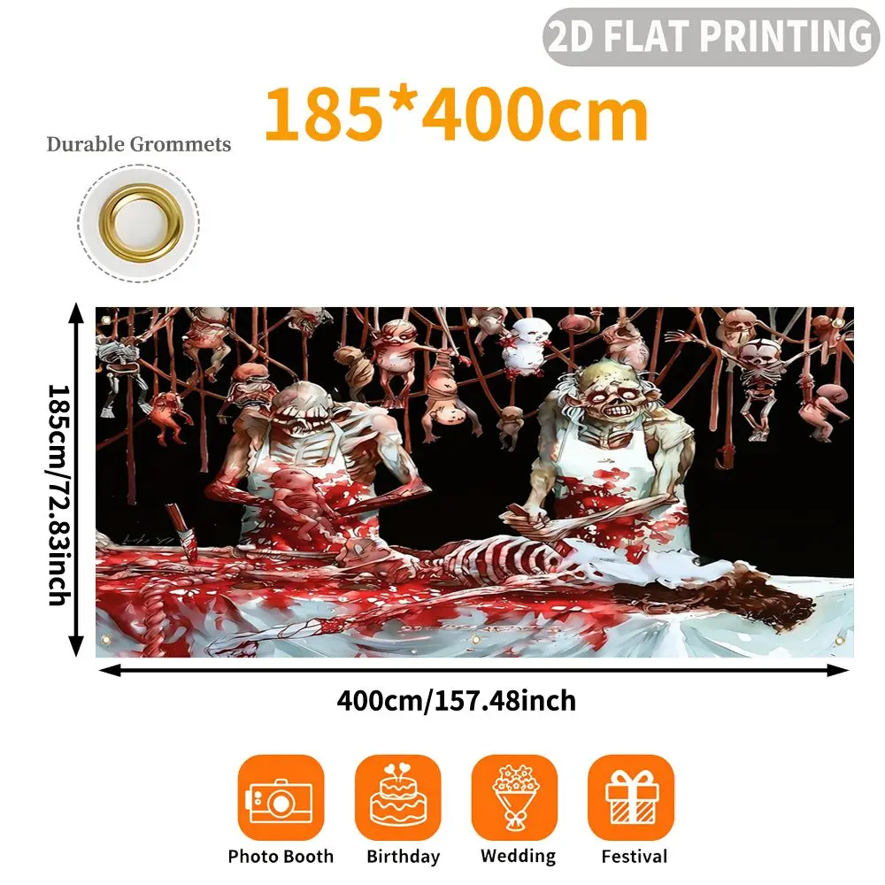 1pc 2D FLAT Halloween Party Garage Banner, Zombie Butchers With Hanging Babies Pattern, Decorative Polyester Banner
