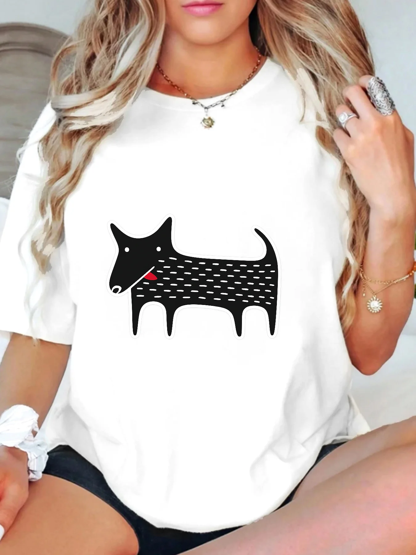 

【WDS0013】Plus size women's round neck short sleeve T-shirt with elastic half sleeves and trendy prints