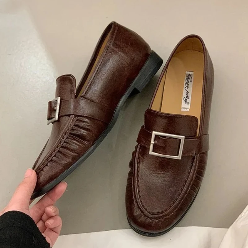 

Дизайнерские туфли на плоской подошве из мягкой кожи в стиле ретро, женские удобные лоферы с пряжкой на ремне, брендовая офисная обувь в британском стиле, женская обувь
