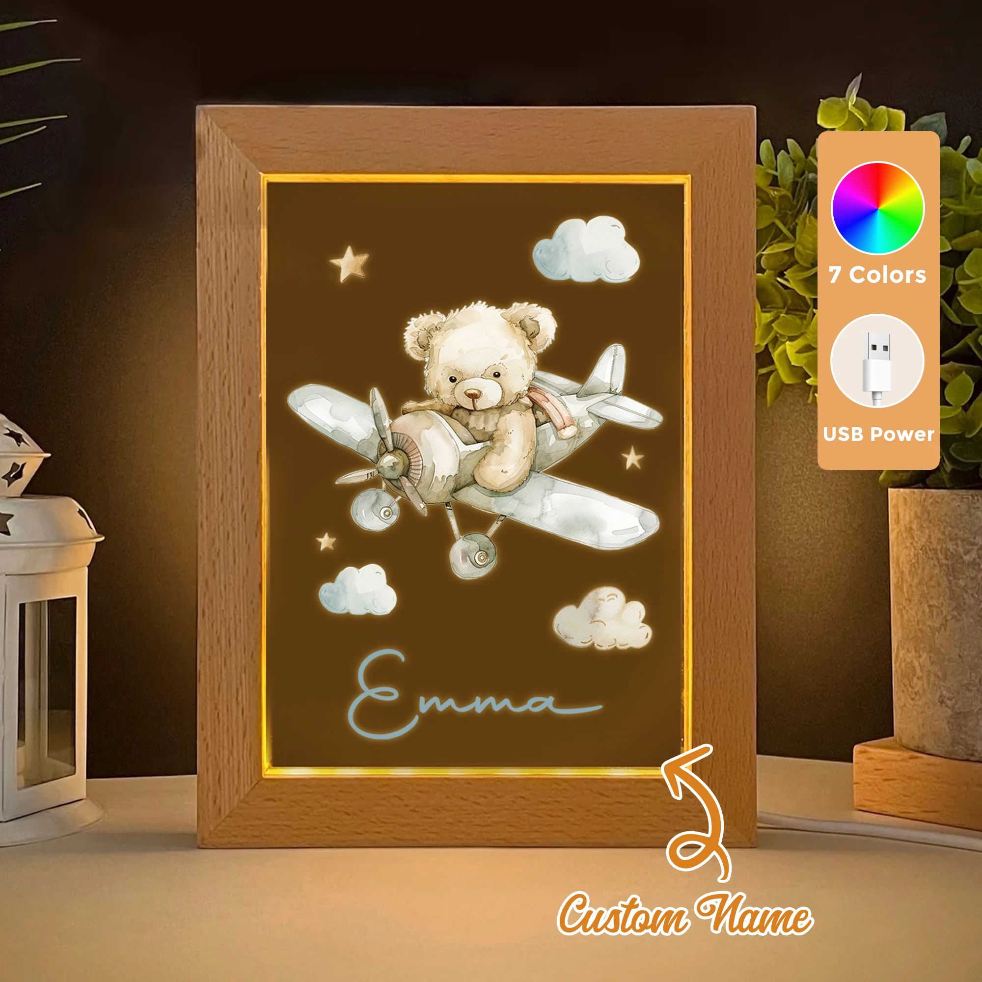 

2D Flat Custom Name Airplane Bear LED Acrylic Night Light Wood Photo Frame 21x17cm Cartoon Children Bedroom Gifts Home Decor