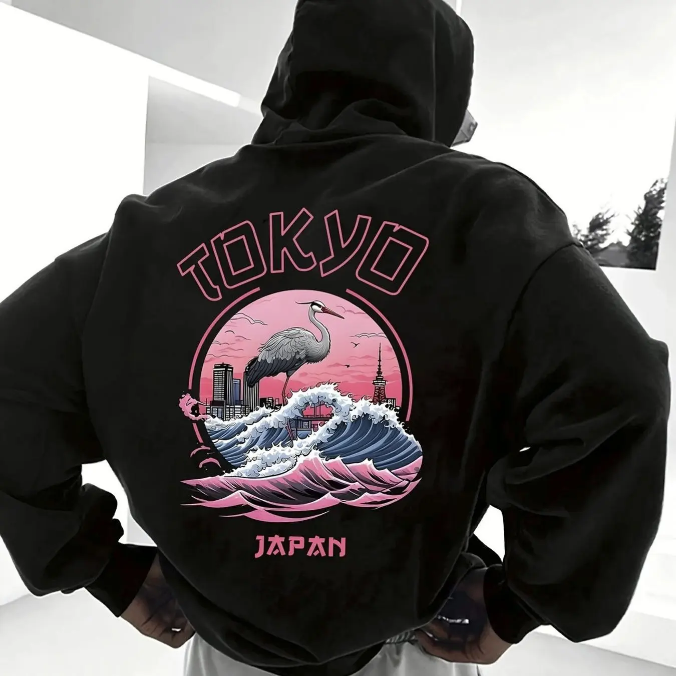 

Tokyo Skyline print hooded sweater with kangaroo pockets and plush casual long-sleeved hooded sweater for outdoor use