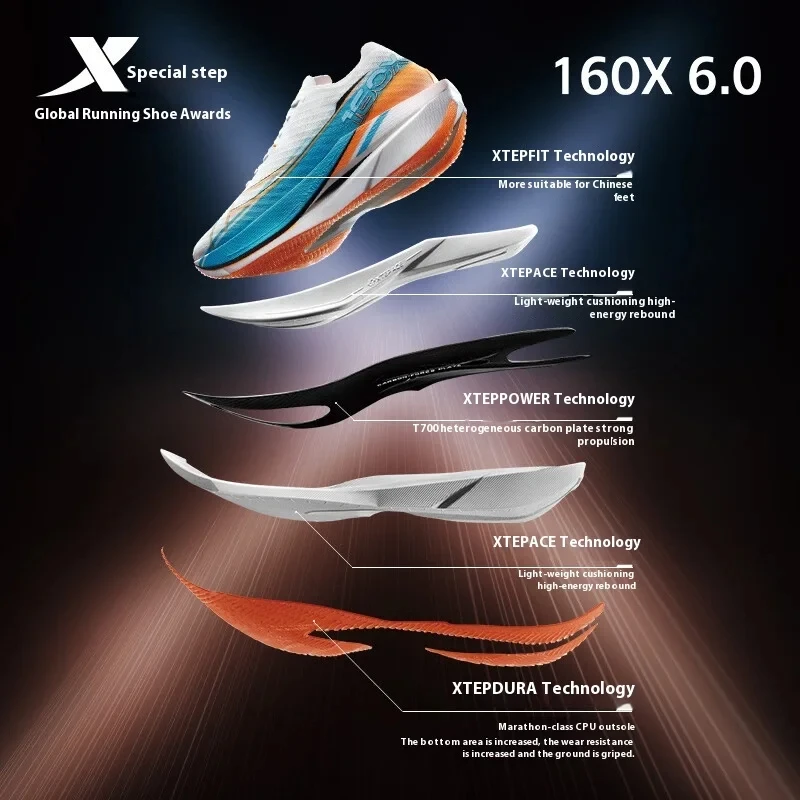 Xtep 160X 6.0 Running Shoes Professional Marathon PB Carbon Plate For Men 2024 Cushioning Shock Absorption Sneakers 976319110058