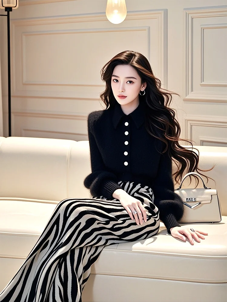 Autumn and winter women's fashion high-end small fragrance black knitted sweater+wide leg pants set