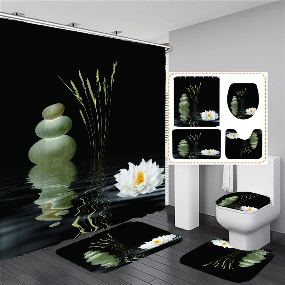 Zen Stone Black Flowers Shower Curtain Set Toilet Seat Cover Bathroom Non-Slip Carpet Bath Mat Rugs Waterproof Bathtub Curtains