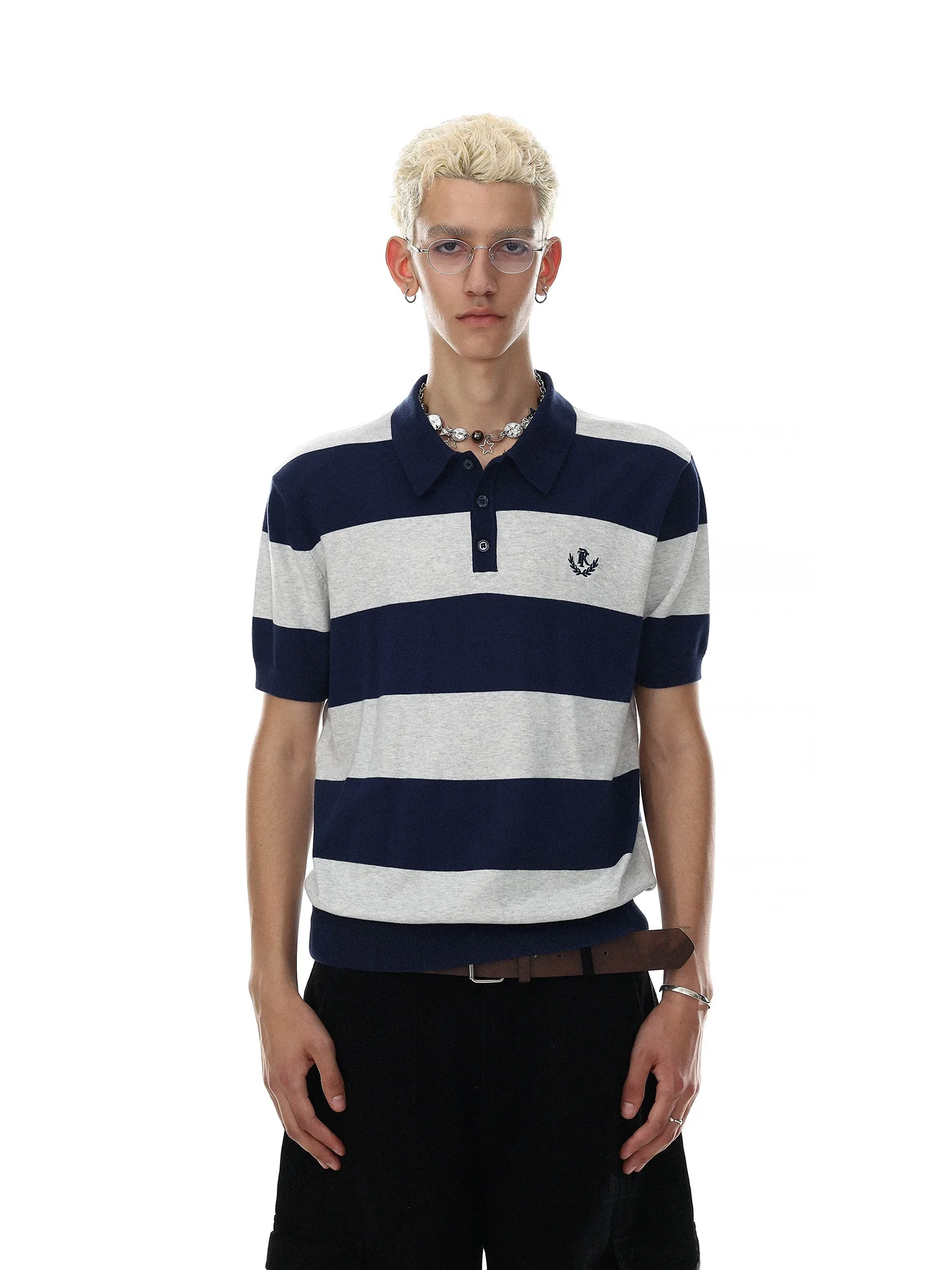 American Color Block  Shirt Men's Knitted Embroidered Thin Short Sleeve Turn-down Collar Breathable Sweat Absorbent Cotto...