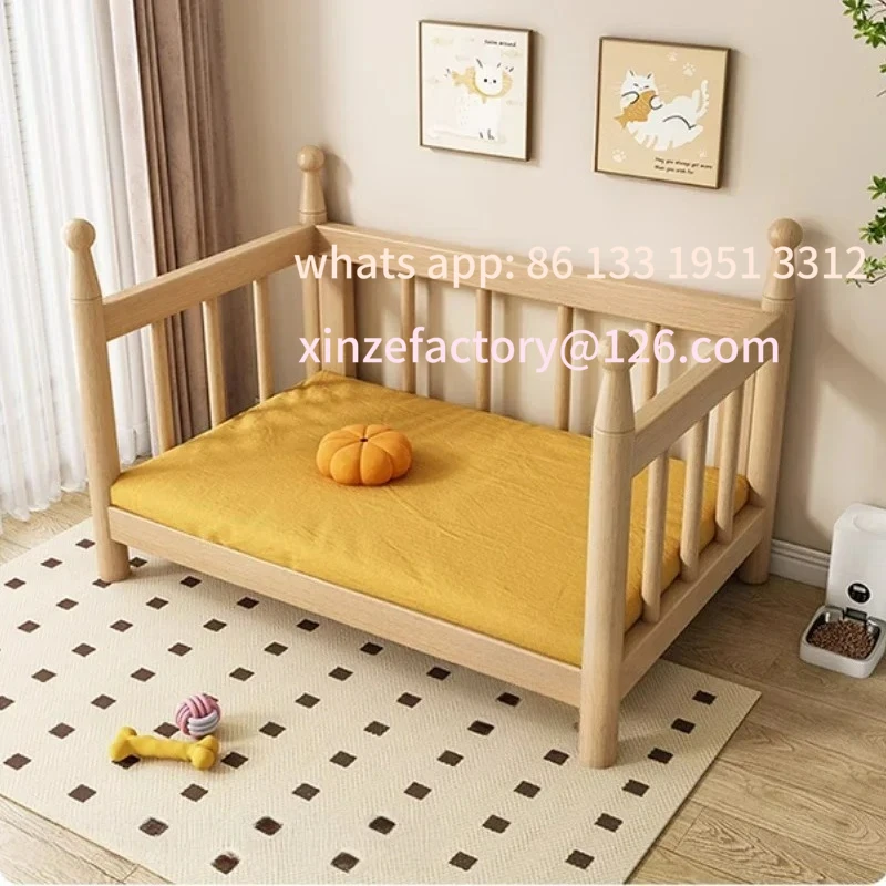

Customizable Nordic Wood Dog Kennel Raised Guardrails Princess Pet Bed Off Ground Moisture Resistant Cat's Nest Removable Washab