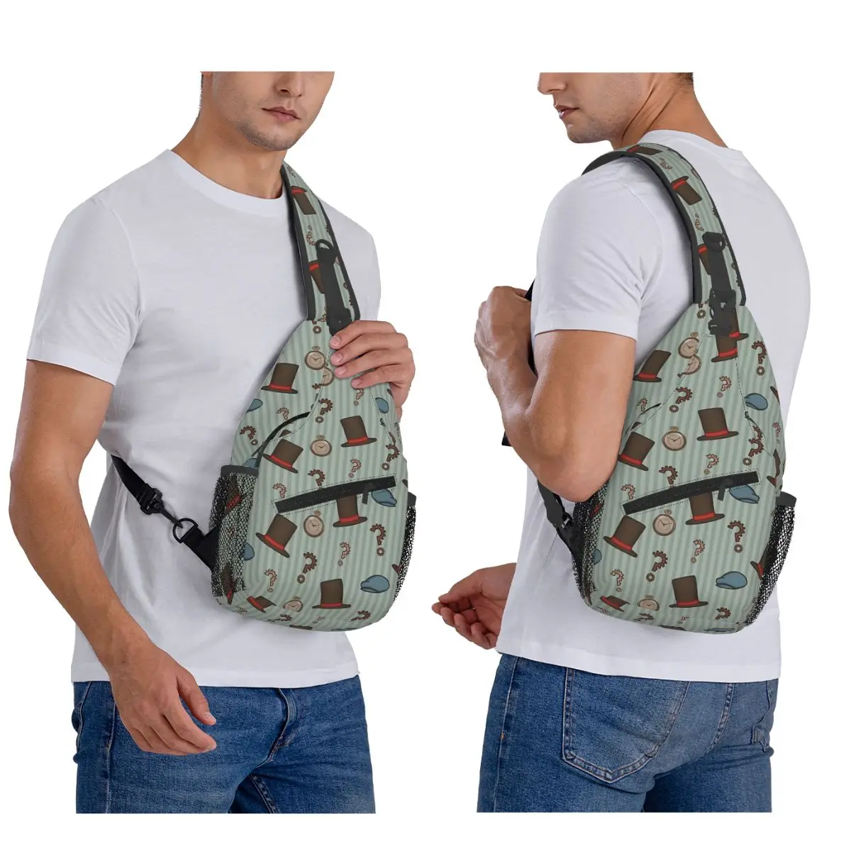 Professor Layton Repeated Pattern (Green) Chest Bag Men Sling Crossbody Backpack Chest Bag Traveling Hiking Daypack Shoulder Bag