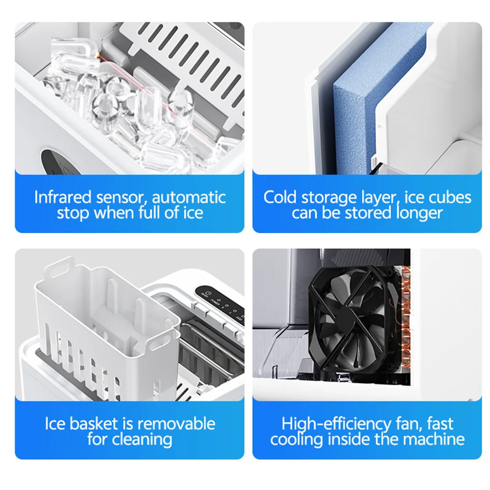 Ice Maker Countertop 120W 1.5L Water Tank 15kg per 24h Production 8-15 Mins Quick Ice Bullet Shape with Self Cleaning for Home Kitchen Office Bar UK EU Plug – Detail 7