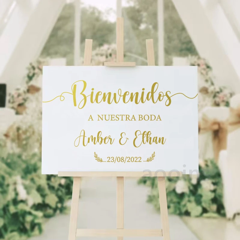 Spanish Wedding Welcome Mirror Board Decals Personalized Groom Bride Name Vinyl Sticker Wedding Party Bienvenidos Sign Decal