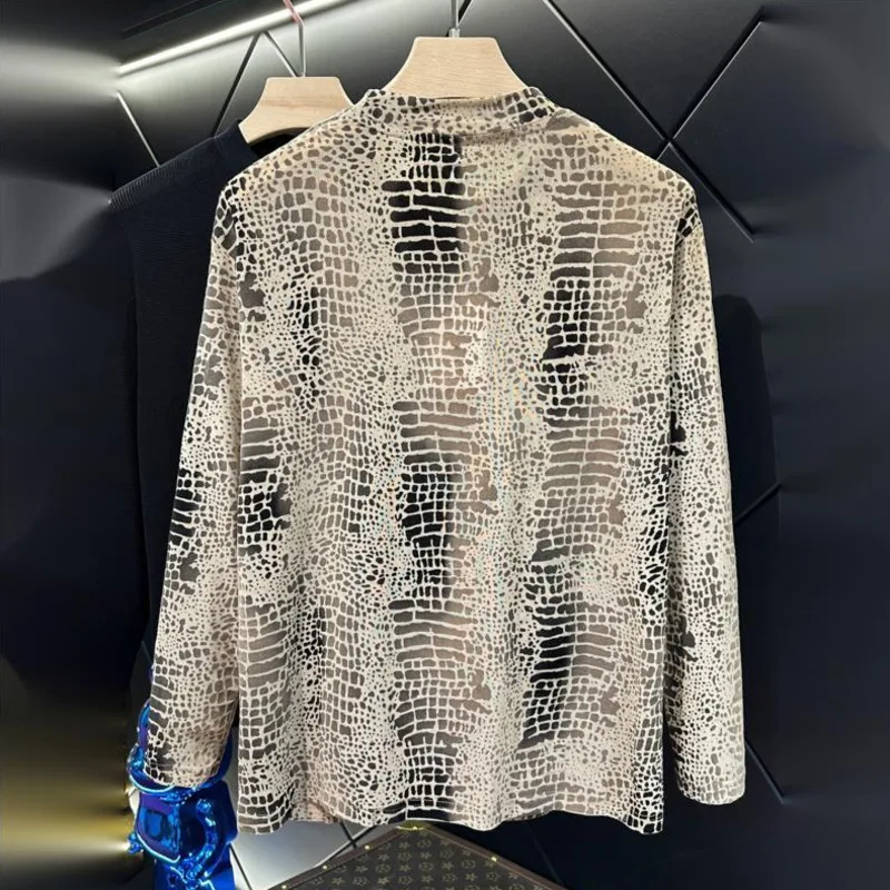 HKSH Spring Autumn New Men Fashion Personality Color-Block O-Neck Long Sleeve T-shirt Trend Leopard Casual Chic Ins Tops HK16888