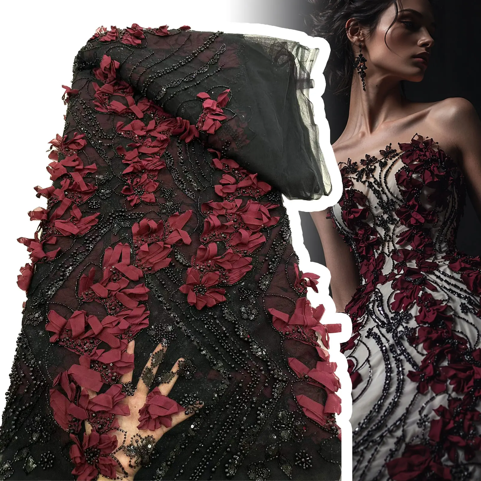 

3D Nigerian Mesh Tulle Lace Fabric 2026 High Quality African Sequins Beaded Lace Fabric For Women Evening Party Dress Sewing