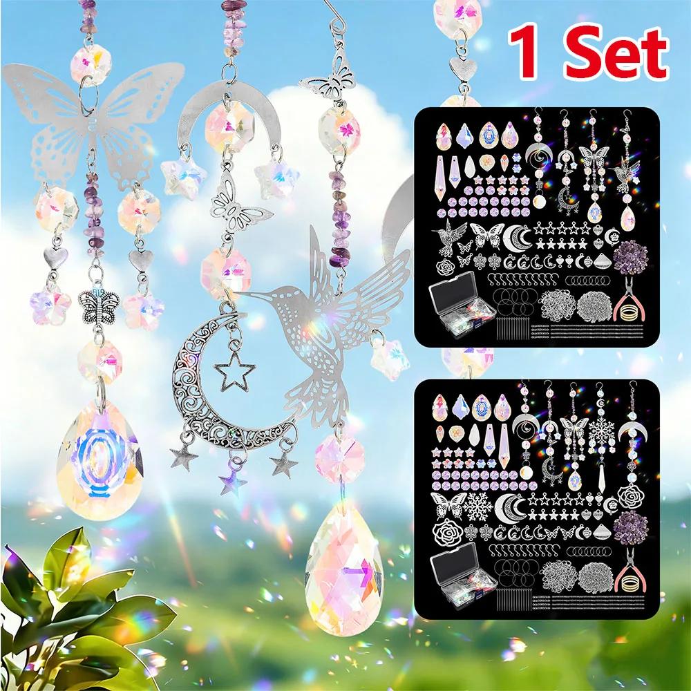 1Set DIY Suncatcher Colorful Glass Hanging Crystals Suncatcher Pendants with Tool & Storage Box DIY Crafts for Window Decoration