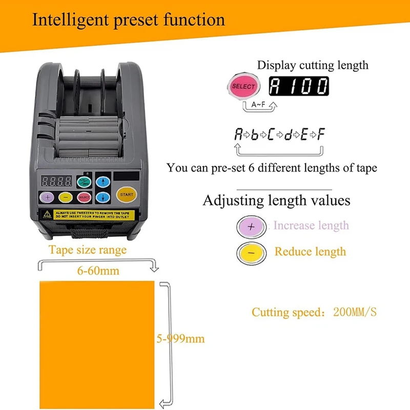 Dispensador automático de cinta, cortador de cinta eléctrico con rueda de silicona, longitud máxima de corte 999 mm, ancho de cinta 6-60 mm enchufe estadounidense