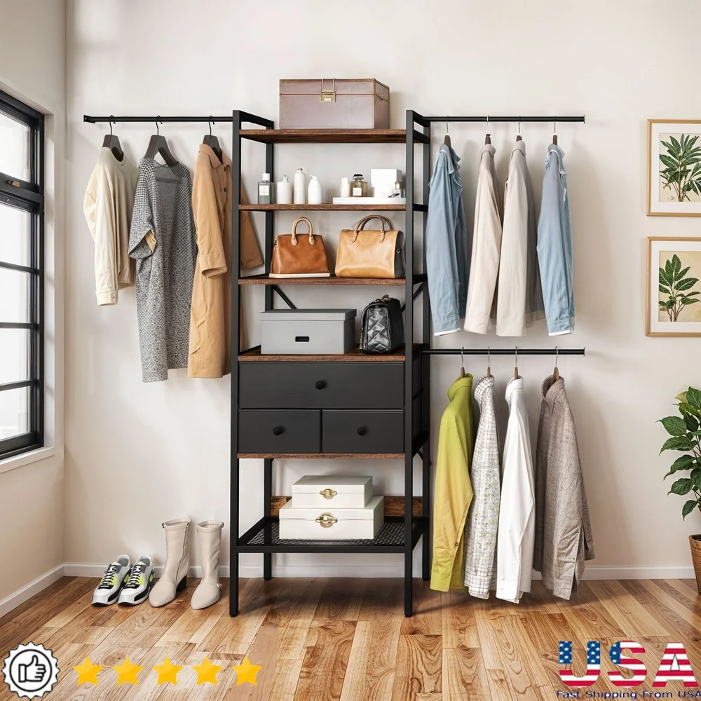 

Heavy Duty Closet Organizer System with 3 Drawers Adjustable Hanger Rods Shelf Storage Walk-in Bedroom Spaces