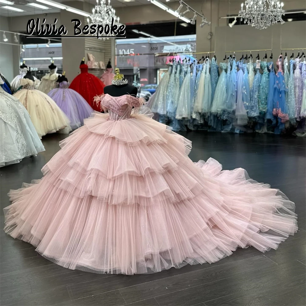 Sweet Baby Pink 15 Years Quinceanera Dresses Beads Feathers Tiered Ruffles Train Ball Gown 2025 Birthday Luxury Dress Customized