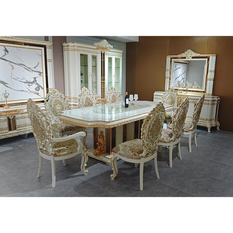 

European Royal Luxury Wooden Dining Table Set 8 Chairs Household Furniture Dining Room Large Classic Wooden