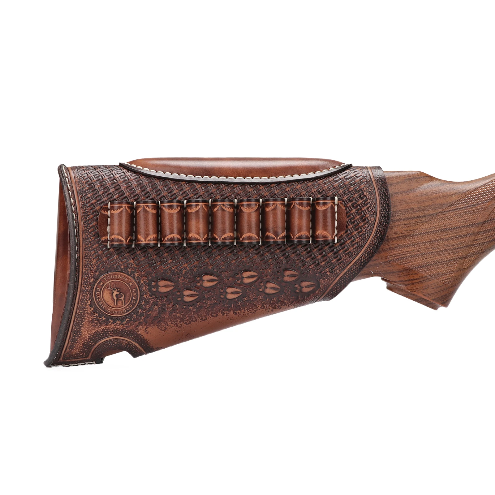 Tourbon Leather Gun Buttstock Cover Rifle Cheek Rest Riser with Firearms Cartridges Holder Brown Hunting Accessories