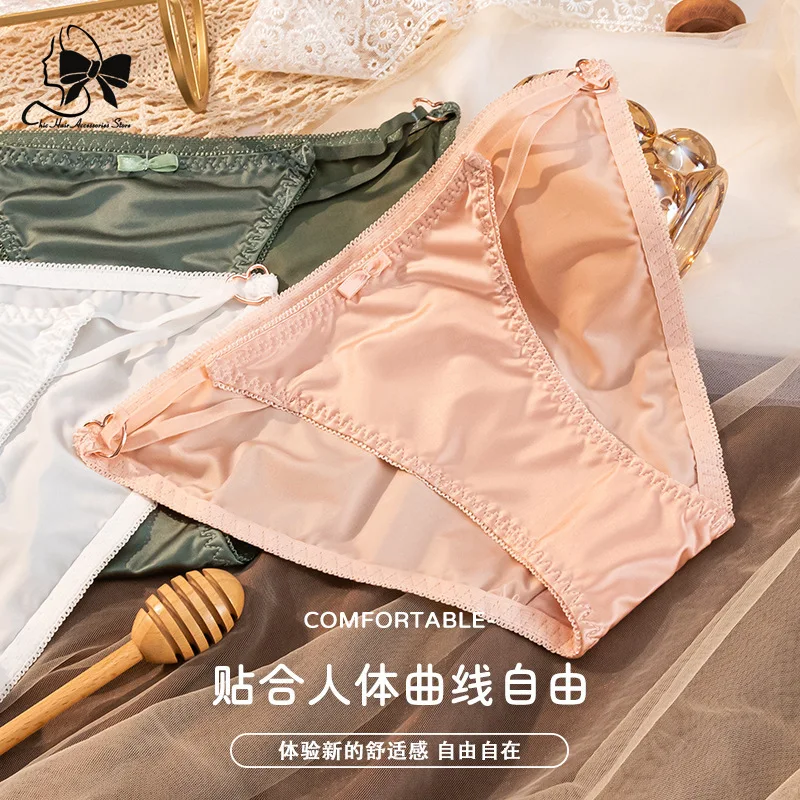 

Fashion Satin Face Silk Satin Surface String Femme Sexy Underwear Solid Color Metal Heart Hollow Out Slips Thong Panties 2024