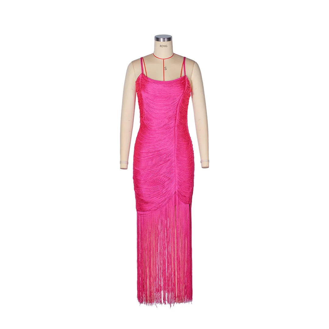 

Luxury Rose Red Fringe Gown Spaghetti Strap Backless Slim Mini Dress for Art Exhibition Gallery Opening and Evening Party