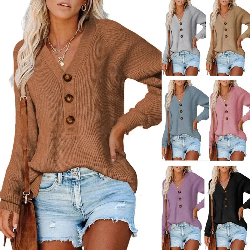 Elegant V-neck Knitted Sweater Women's Pullover European Style Autumn/winter New Loose-fit Sweater Selected Button