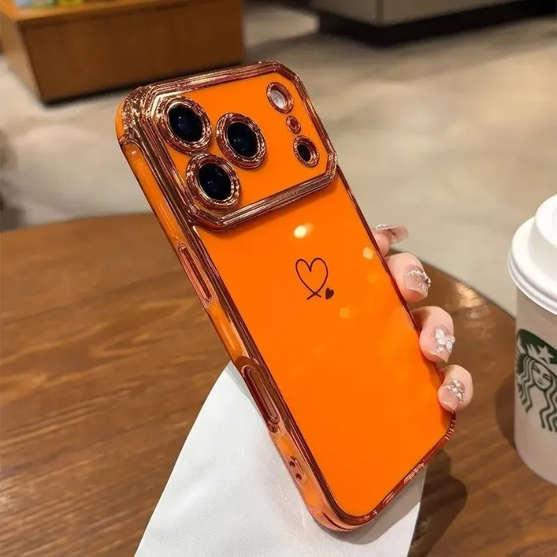 Funda Plating Soft Love Heart Case For iPhone 17 16 15 14 13 18 Pro Max Soft Silicon Airbag Shockproof Pure Color Cover