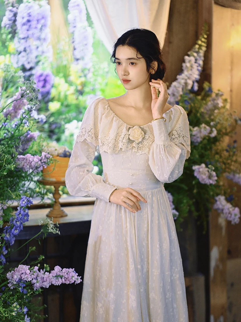 AIGYPTOS Spring Fall Maxi Dresses For Women Victoria Vintage Elegant Slim Sexy Lace V-Neck Embroidery Long Dress Wedding Dress