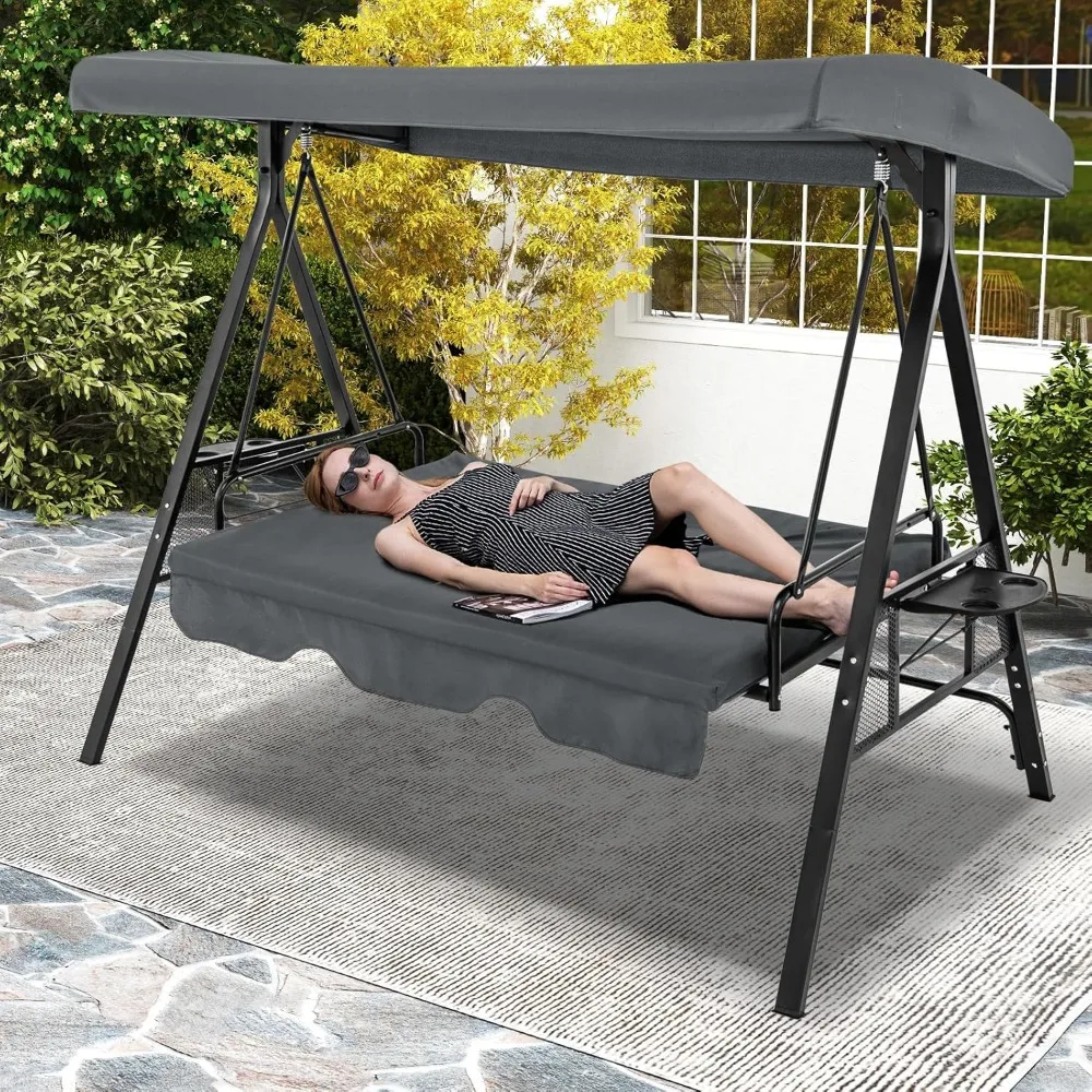 3 Person Porch Swing, 2-in-1 Convertible Patio Swing Bed with Adjustable Canopy, 2 Cup Holder Table, Soft Seat & Back