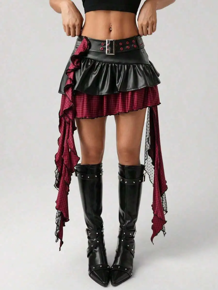 Women Black Red PU Leather Punk Mini Skirt