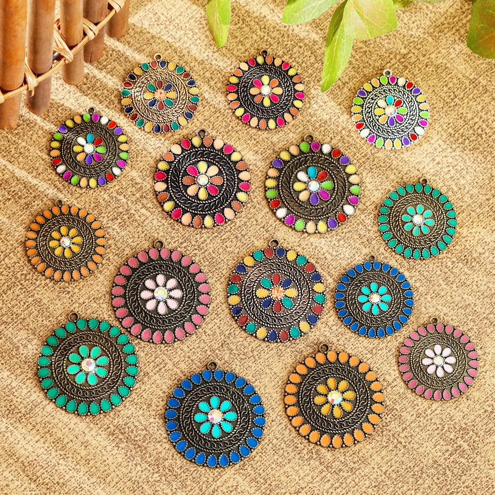 10pcs/pack Vintage Bohemia Enamel Round Charms Pendants for DIY Jewelry Making Earrings Necklace Findings Components Wholesale