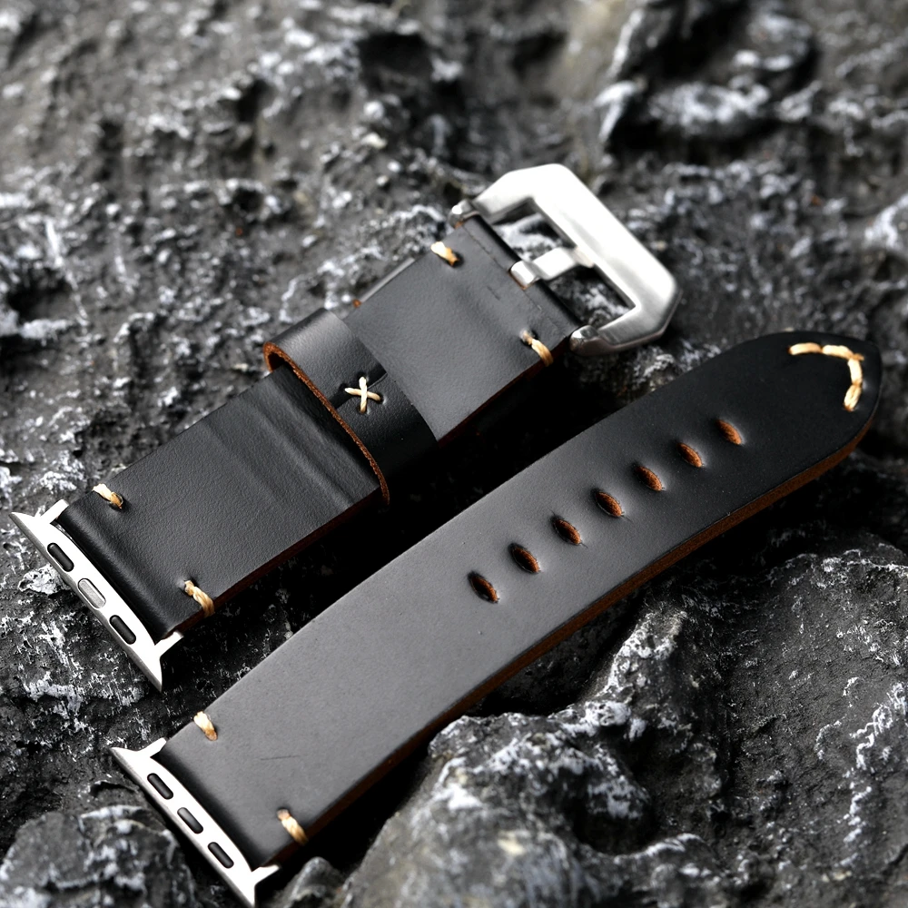 Handmade Black Genuine Leather Watchband For Iwatch Apple Watch Ultra 2  S9 S8 49mm 45mm Tough Guy Leather Thickened