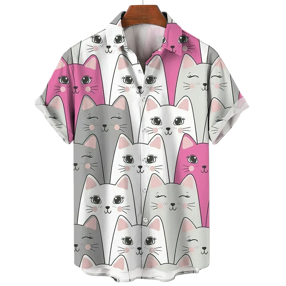 Heren Shirt Hawaiian Korte Mouw Mannelijke Kleding Mode Knoop Shirt Voor Mannen Kawaii Kitten Top T-Shirt Harajuku Schattige Blouse Shirt