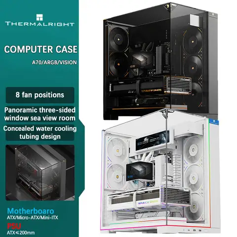 Thermalright A70 Panorâmica Pillarless Mid-Tower Gaming Desktop Case - Painéis de vidro de três lados / Suporta resfriamento líquido de 360 mm