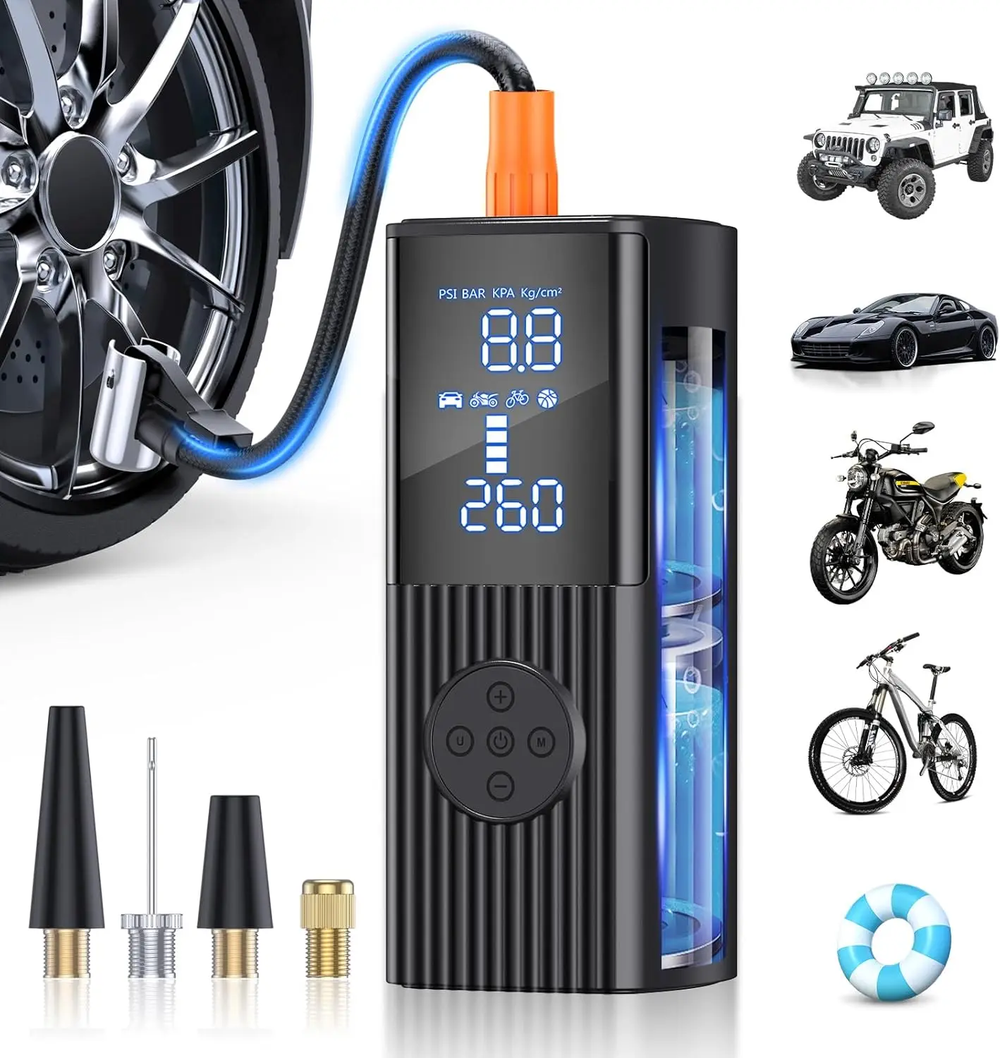 

Portable compressor, 180PSI cordless air pump, equipped with digital pressure gauge, LED light, and automatic shut-off function