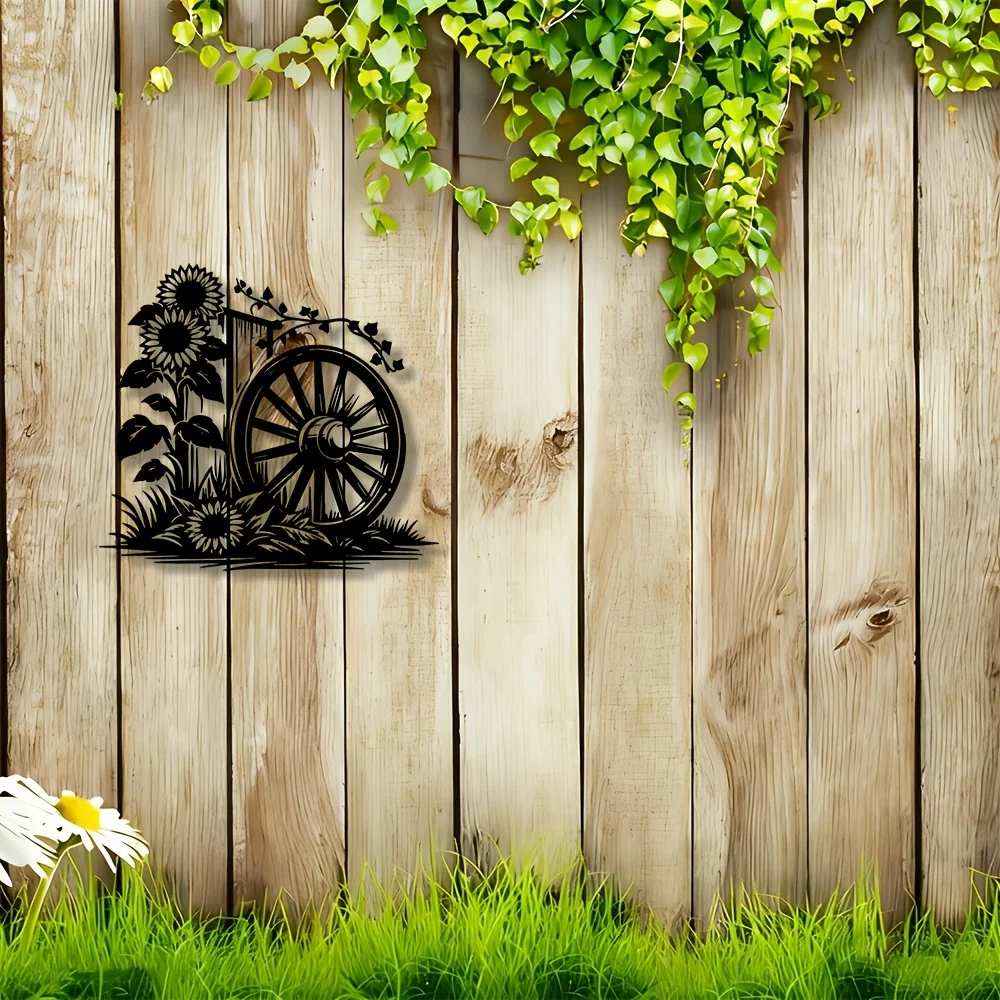 Sunflower Wagon Wheel Metal Wall Art 2D Flat Sculpture Living Room Bedroom Garden Porch Farmhouse Decor