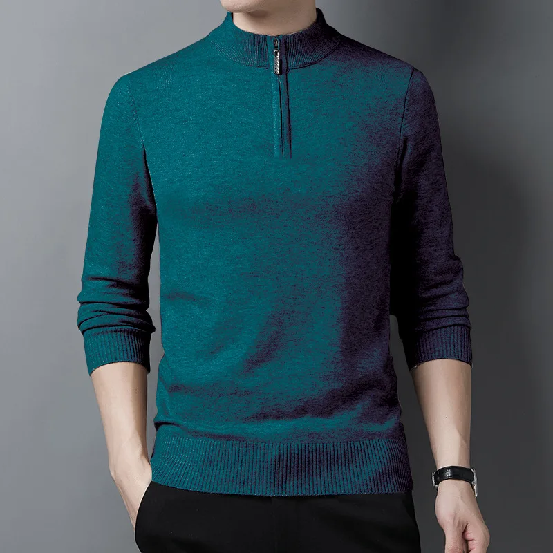 2023 Autumn and Winter Men's Zipper Half High Neck Solid Color Pullover Long Sleeve Knitted Bottom Shirt Fashion Sweater Tops