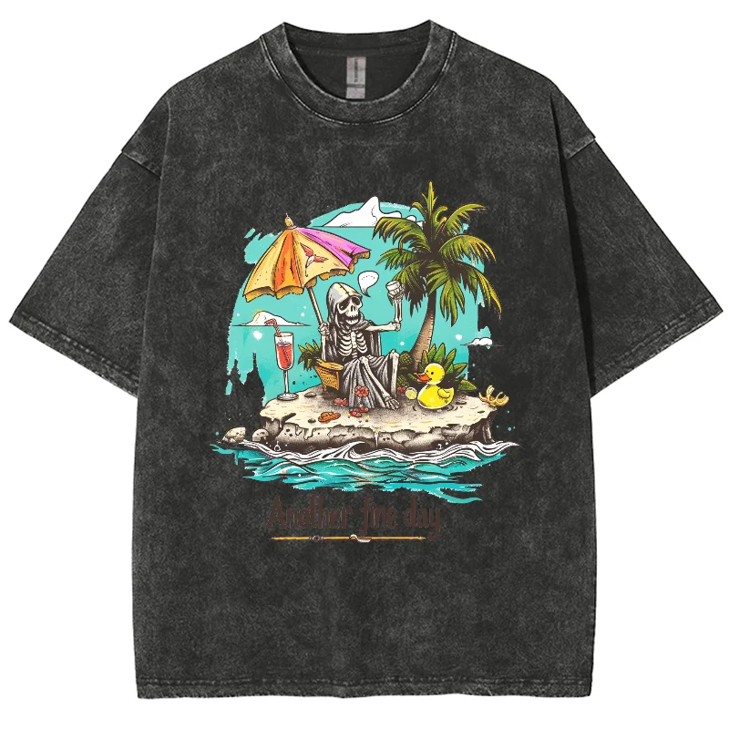 

Beach Coconut Tree Skull Print Washed Denim Cotton T-Shirt Women's Black Short Sleeve Loose Oversized Casual Travel Home TOP