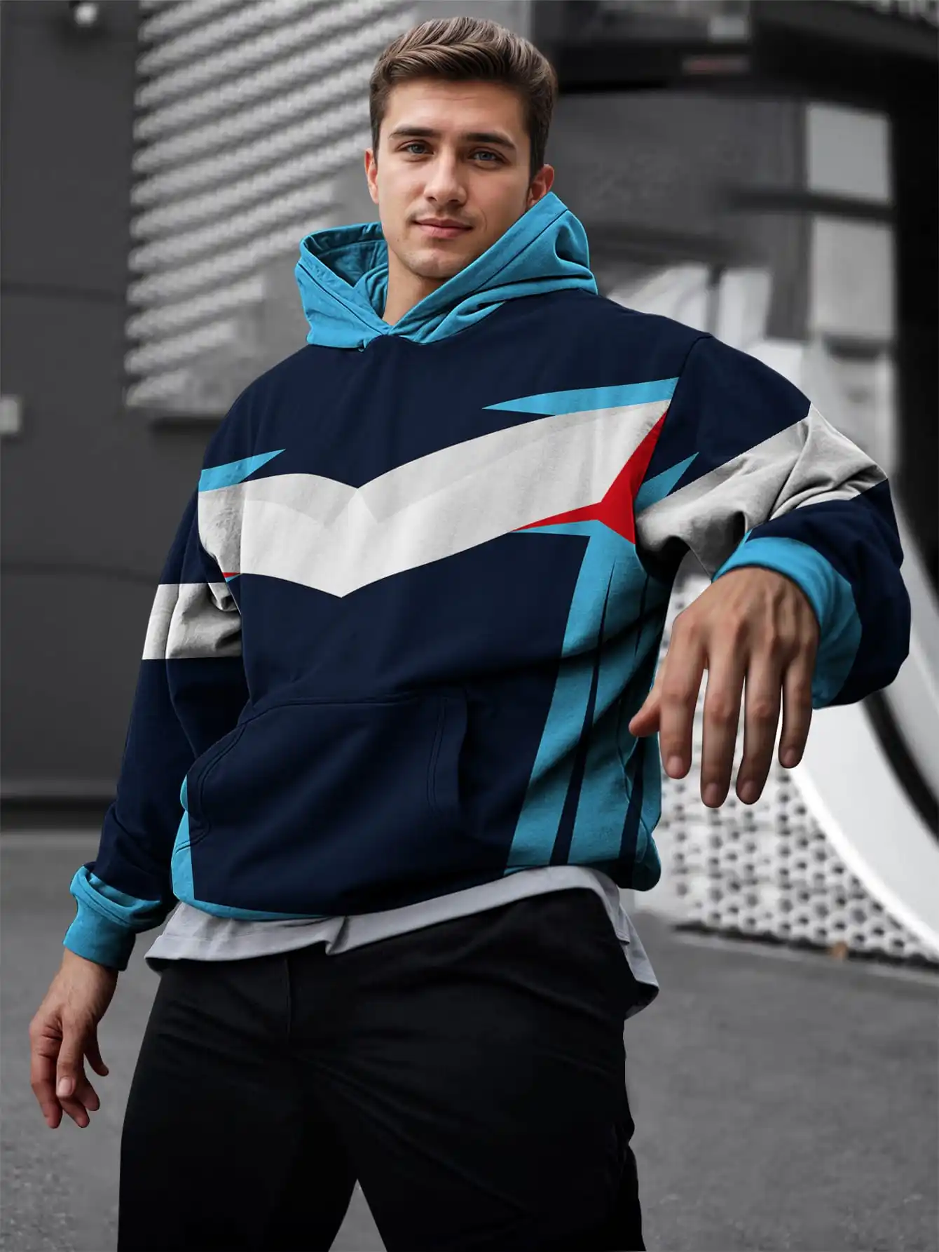 

Blue and White Patchwork Style 3D Printed Hooded Graphic Hoodie Sweatshirt Casual Street Style Pullover Hoodie Top