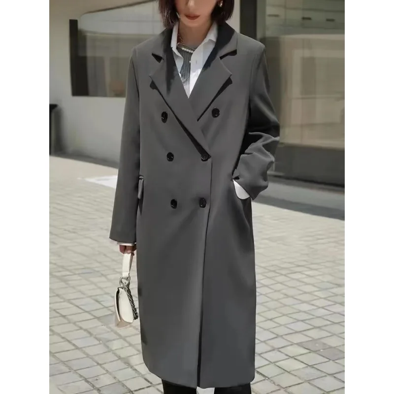 Long Blazer Women Spring Autumn New Jacket Korean Double-breasted Chic Windbreaker Black Suit Office Ladies Business Outerwear