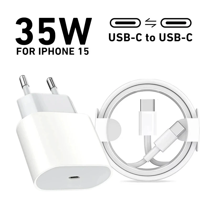 Original 35W USB C PD Fast EU US Wall Charger for iPhone 15 16 Pro Max 15 Plus USB-C to Type-C Quick Charging Cable 2m 3m C to C