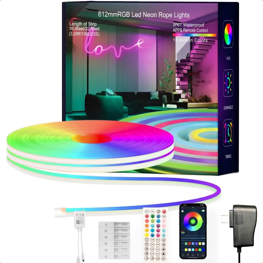 

Светодиодные ленты RGB 16,4 фута, неоновые веревочные светильники для спальни, приложение + пульт дистанционного управления, синхронизация музыки, изменение цвета, уличный IP67, водонепроницаемый f