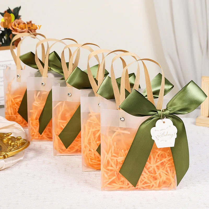

10 шт., прозрачный подарочный пакет из ПВХ с розовой лентой, пластиковая большая сумка, подарочная упаковка, сумка для упаковки праздничных подарков, покупки, товары на день рождения