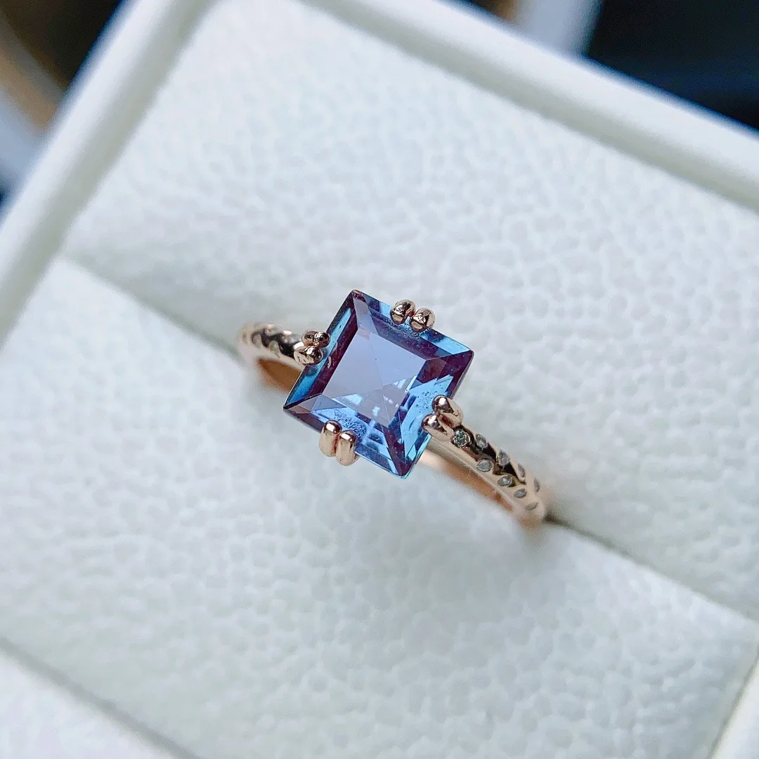 S925 Sterling Silver Natural Alexandrite Ring,7*7mm Square Cut Color‑Change Gemstone Ring Elegant Jewelry Gift For Women