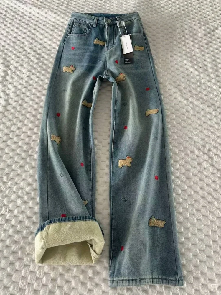 

Большие размеры Fce Lined Thi Джинсы с высокой талией Широкие брюки Женские осенне-зимние свободные брюки для похудения Прямые брюки для похудения...