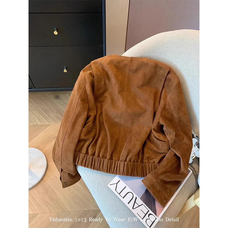 Women Brown Jacket Coat Harajuku Korean Aesthetic Vintage O-Neck Long Sleeve Jacket Streetwear Outerwear Top Autumn Clothes 2024