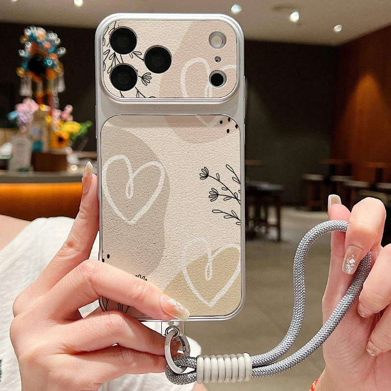 Simple Hearts Pattern Lanyard Phone Case For iPhone 17 Pro Max 16 17 15 14 13 Pro Max Leather Texture TPU Shockproof Matte Cover