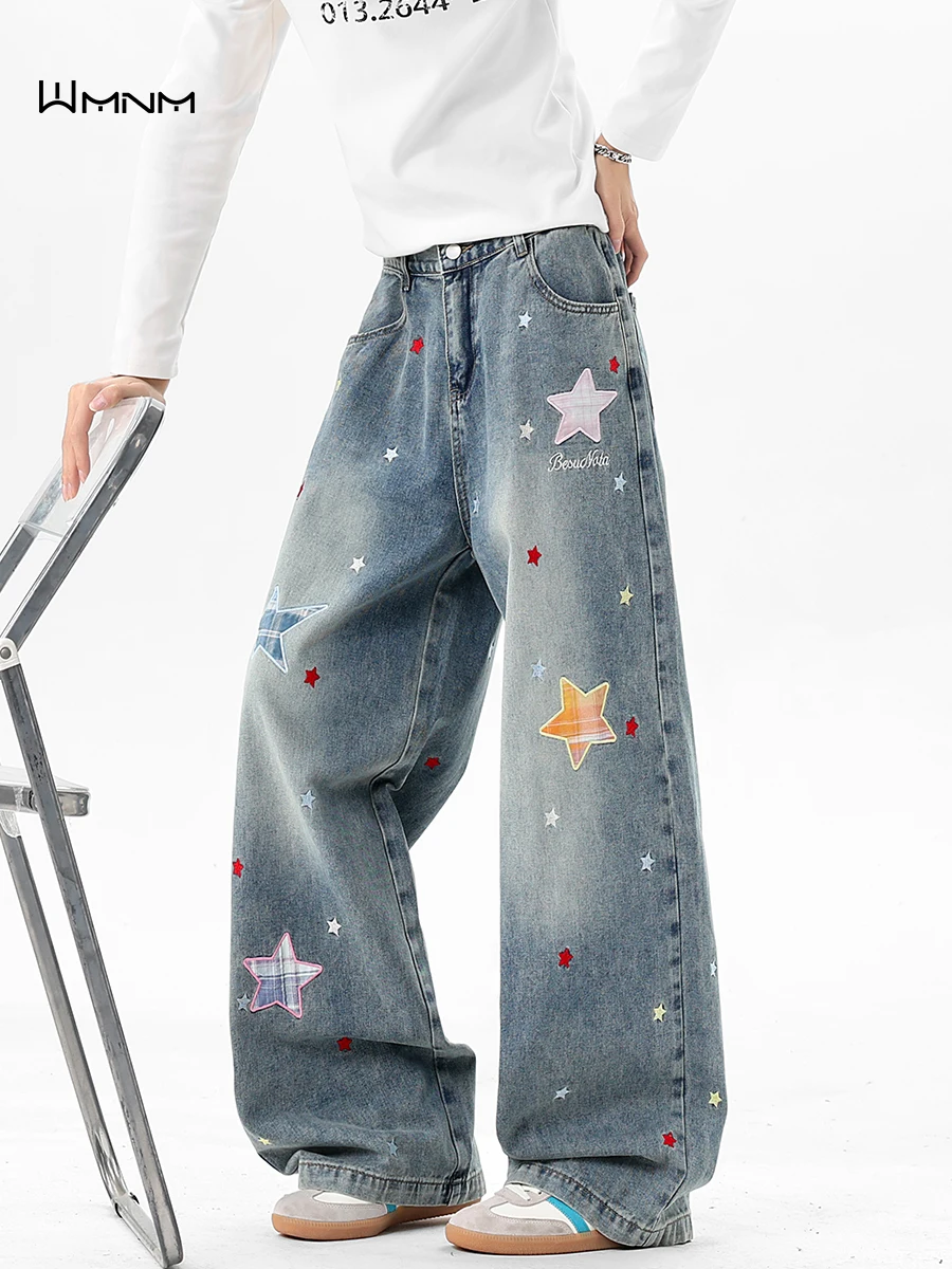 

American Style Star Embroidered Wide Leg Jeans Men's Spring New Washed Straight Cut Trousers Casual Loose Fit Denim Pants