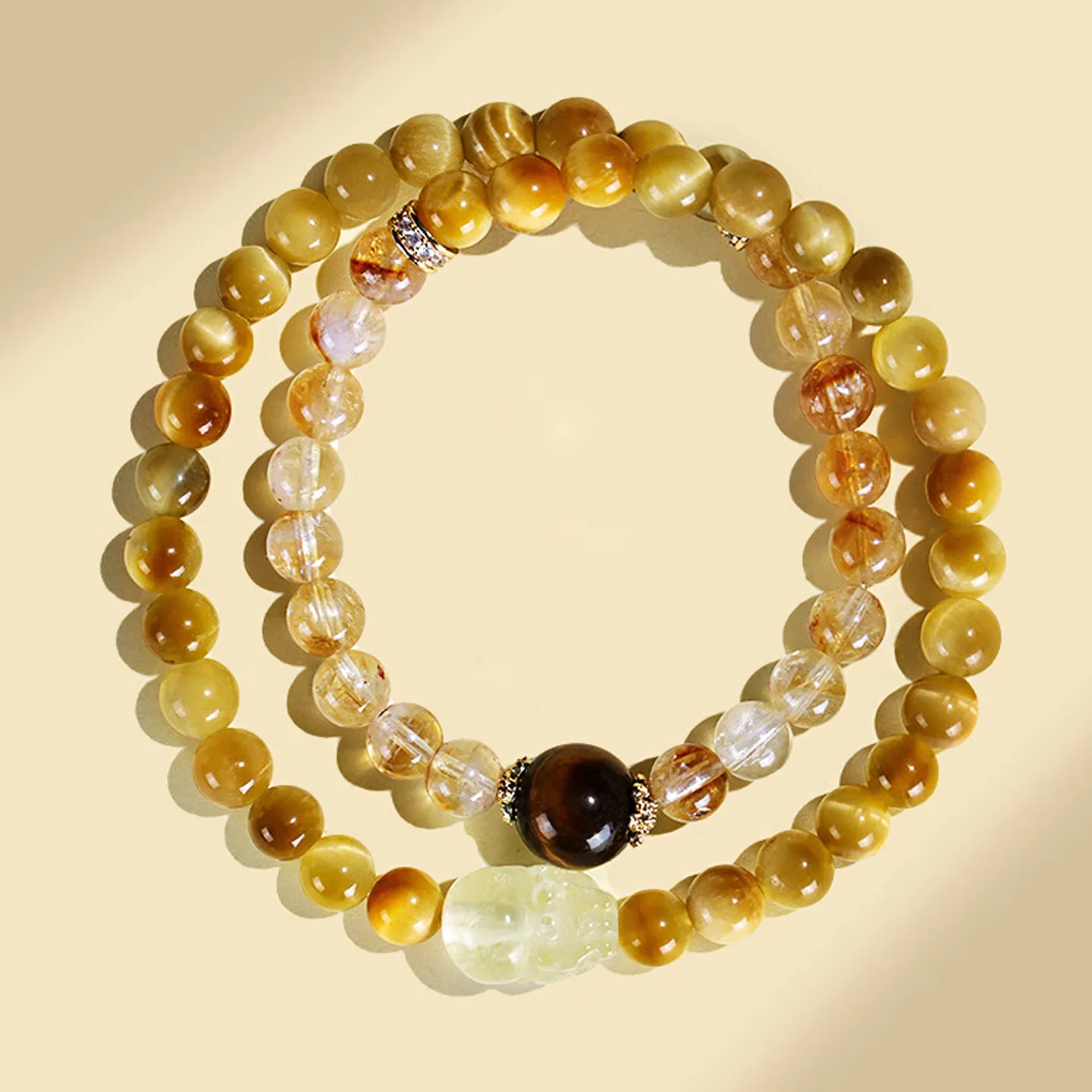 Natural Citrine Bracelet Dainty Pixiu Tiger Eye Beaded Bracelet Stackable for Men and Women Gifts