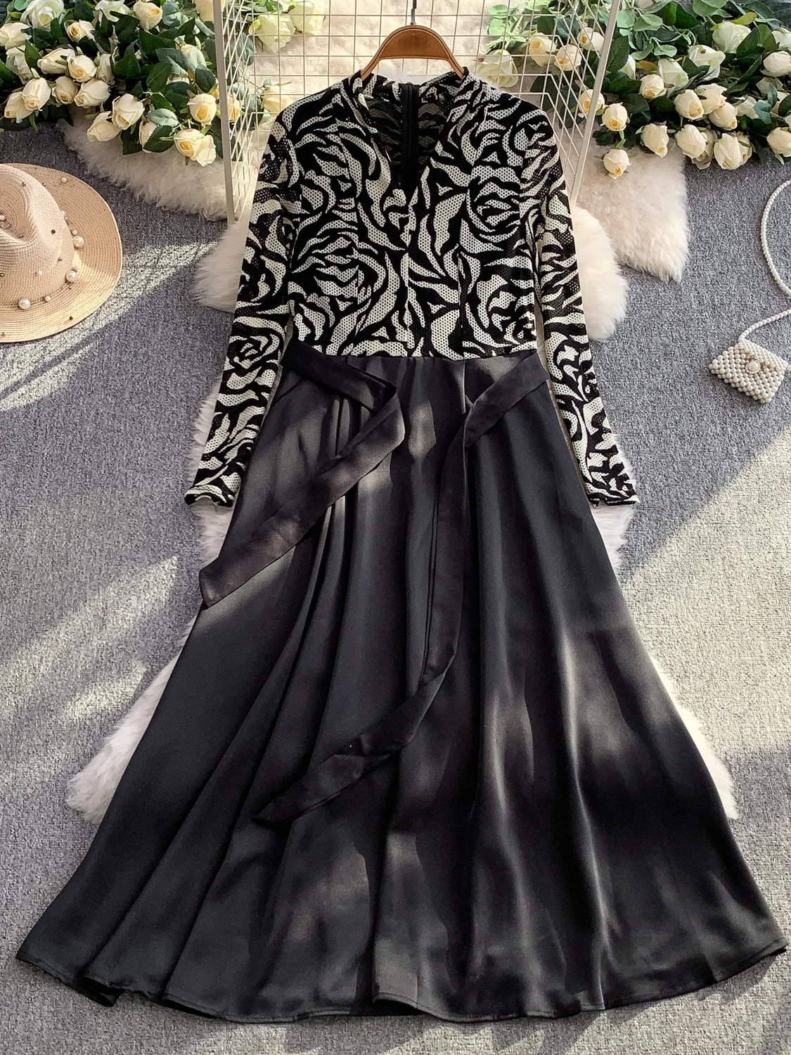 Ele Long Sve Adient Tie Dye Dr Damen-Seidensatin-Kleid mit hoher Taille und Sa Ele Vollrock Dr für Damen