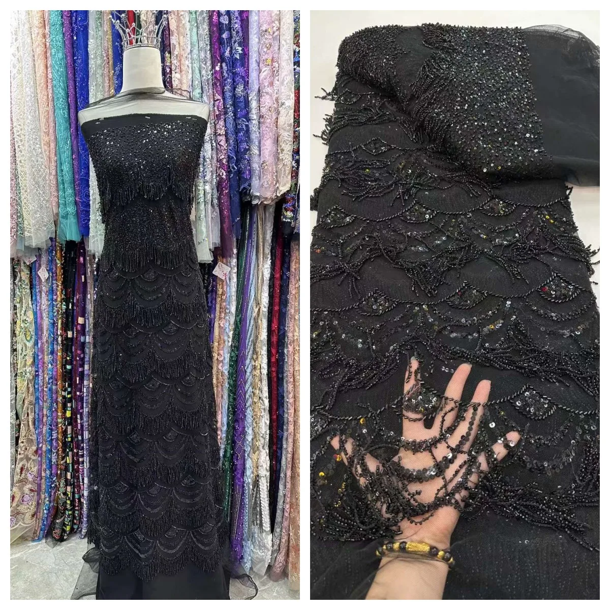 Luxury Black African Sequins Lace Fabrics High Quality Groom Lace French Lace Fabric Nigeria Tulle Lace Fabric For Wedding Dress